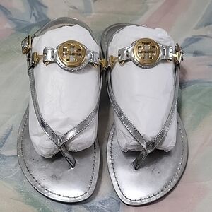 Tory Burch Silver Sandals with Gold Accents